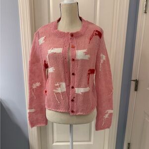 Zara Pink Distressed Cardigan with Red and White Accents - M